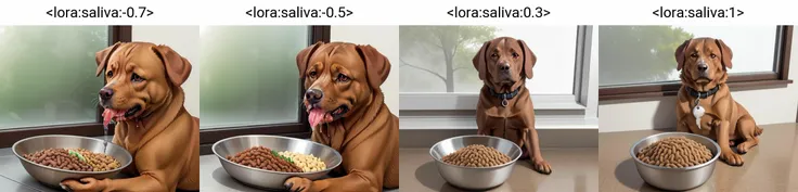 <lora:saliva:-0.7>, window, (brown dog:1.2), dog food, metal dish, all four, stay, saliva
