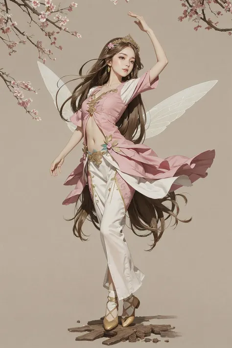(best quality:1.2),1 girl,(cute little fairy),full body,(wings:1.3),long brown hair,smiling,(dancing:1.4),(dynamic posture:1.4),barefoot,branch,lavender bush,outdoor,xxmixgirl,gongbi,<lora:Fisher_meticulous painting:0.7>,