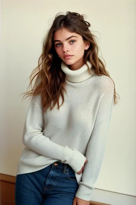 portrait photo of a woman, thylane, wearing a turtleneck sweater and blue jeans, photography by david hamilton, photography by sally mann, photography by Peter Lindbergh, photography by Sam Haskins, fill light, key light, rim light, sharp focus, studio lighting, soft light, soft focus, <lora:thylane:0.8>