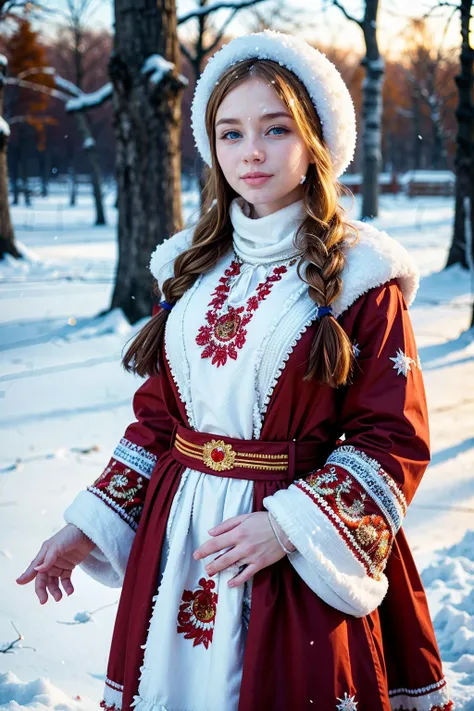 russian, a woman wearing traditional dress, snow <lora:russian:0.8>