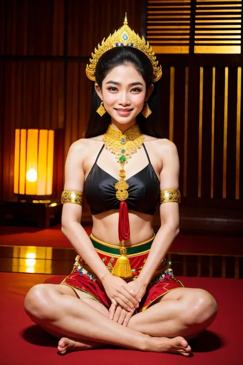 Beautiful girl sitting cross-legged on lotus platform，The other foot is on the small lotus，Fingers pinching the stem of the lotus，Yellow-green fair skin，rosy lips，perfect body figure，Hair with a golden crown，choker necklace，Gold ornaments，Yingluo，sapphires，The background is the sky with an aperture，Unreal sky，ethereal sky，Body glowing background，8K，tmasterpiece，