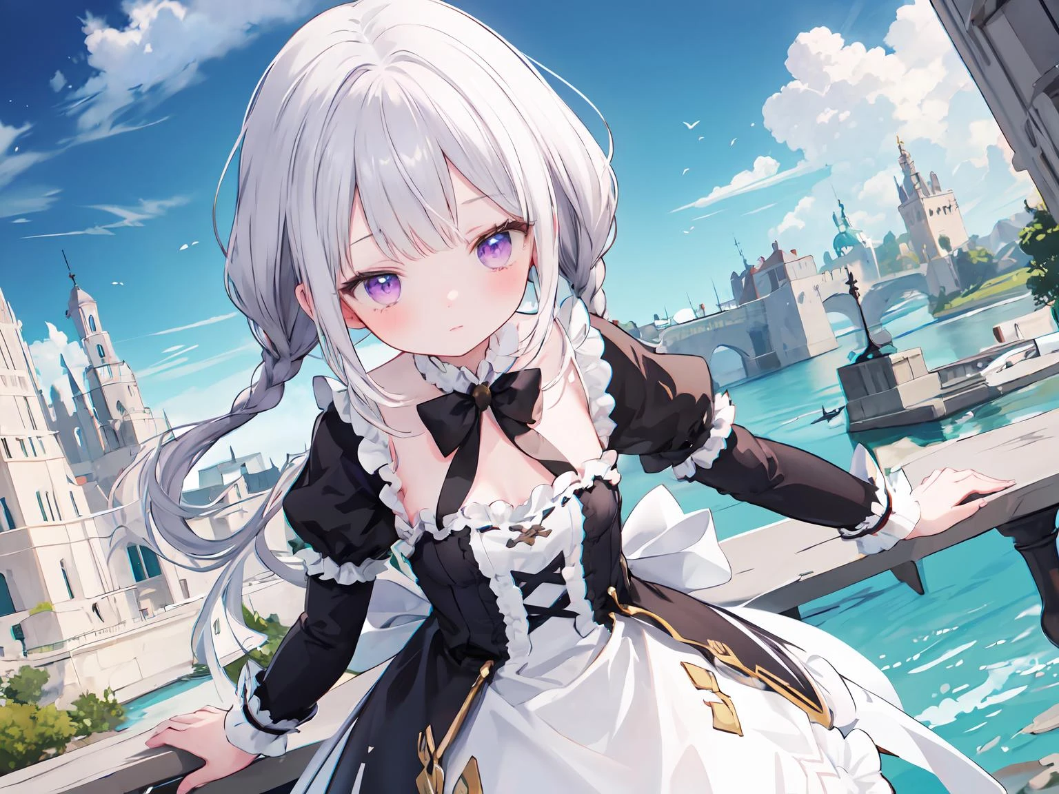 masterpiece, best quality, upper body, dynamic angle,
(1girl),gilberta, gilberta(maid), full body, white pantyhose, <lora:gilberta:1>,
outdoors, sky, river