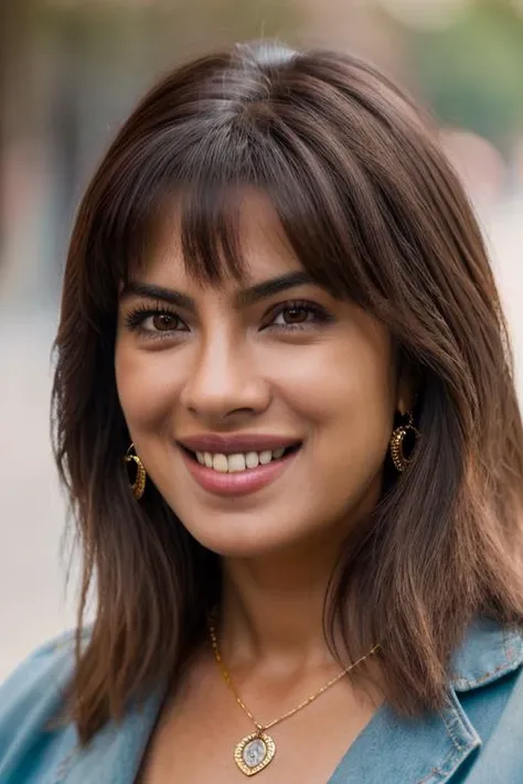 Realistic photo of a beautiful priy4nk4 woman, 1girl, solo, long hair, looking at viewer, smile, brown hair, brown eyes, jewelry, upper body, earrings, teeth, necklace, grin, blurry, lips, blurry background, realistic, soft lighting, professional Photography, Photorealistic, detailed, RAW, analog, sharp focus, 8k, HD, DSLR, high quality, Fujifilm XT3, film grain, award winning, masterpiece<lora:pr1y4nk4:1.0>