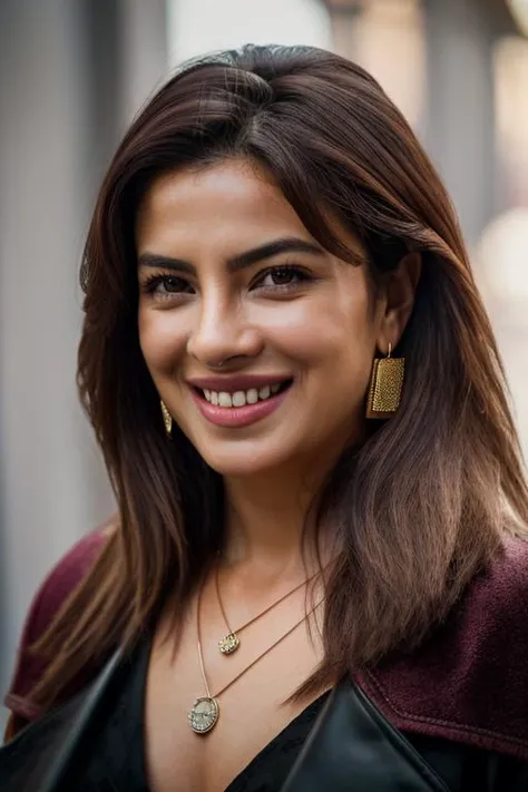 Realistic photo of a beautiful priy4nk4 woman, 1girl, solo, long hair, looking at viewer, smile, brown hair, brown eyes, jewelry, upper body, earrings, teeth, necklace, grin, blurry, lips, blurry background, realistic, soft lighting, professional Photography, Photorealistic, detailed, RAW, analog, sharp focus, 8k, HD, DSLR, high quality, Fujifilm XT3, film grain, award winning, masterpiece<lora:pr1y4nk4:1.0>