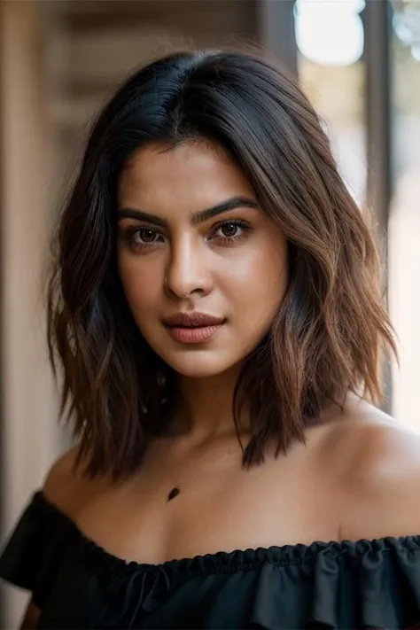 Realistic photo of a beautiful priy4nk4 woman, 1girl, solo, long hair, looking at viewer, black hair, bare shoulders, brown eyes, upper body, off shoulder, lips, realistic, nose, soft lighting, professional Photography, Photorealistic, detailed, RAW, analog, sharp focus, 8k, HD, DSLR, high quality, Fujifilm XT3, film grain, award winning, masterpiece<lora:pr1y4nk4:1.0>