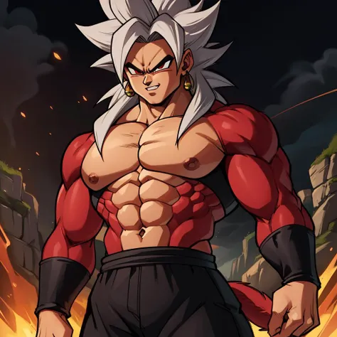 Best_QualityPos, RAW photo, intricate details, best quality, 8k uhd, soft lighting, 1boy, solo, red eyes, white hair, spiked hair, single earring, ssj4, abs, body fur, jewelry, long hair, monkey tail, muscular, pectorals, red fur, super saiyan, tail <lora:ssj4:0.5> <lora:Goku_Black:0.3>