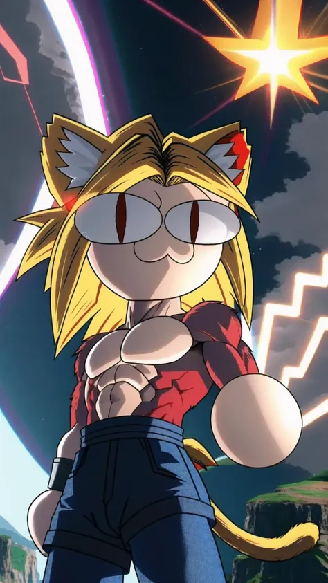<lora:ssj4:0.5> abs, body fur, long hair, monkey tail, muscular, pectorals, (red fur:1.5), solo, spiked hair, ssj4, super saiyan, tail, BREAK, <lora:necoarc:0.8> necoarc, neco-arc, 1girl, blonde hair, bob cut, cat ears, chibi, cat girl, (slit pupils, cat eyes:1.15) <lora:Neco-Arc:1> neco-arc, necopose,, masterpiece, best quality, extremely detailed, highly quality, 4k, sharp focus, professional, sharp focus, award winning, cinematic lighting, octane render, unreal engine, volumetrics dtx, Wallpaper,