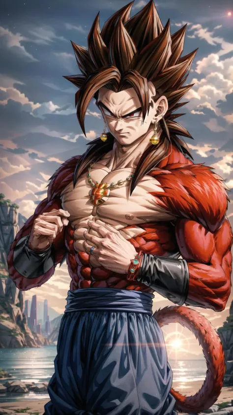 <lora:db_vegetto-10:0.8> vegetto, 1boy, spiked hair, jewelry, earrings, smirk, bracelet, BREAK, <lora:ssj4-10:0.5> (ssj4, abs, body fur:1.15), jewelry, long hair, monkey tail, muscular, red fur, spiked hair, super saiyan, tail, <lora:Furtastic_Detailer:0.3>, masterpiece, best quality, extremely detailed, highly quality, 4k, sharp focus, professional, sharp focus, award winning, cinematic lighting, octane render, unreal engine, volumetrics dtx, Wallpaper,