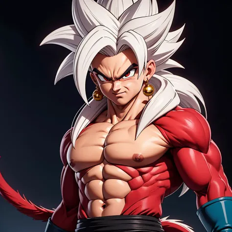 Best_QualityPos, RAW photo, intricate details, best quality, 8k uhd, soft lighting, 1boy, solo, red eyes, white hair, spiked hair, single earring, ssj4, abs, body fur, jewelry, long hair, monkey tail, muscular, pectorals, red fur, super saiyan, tail <lora:ssj4:0.5> <lora:Goku_Black:0.1>