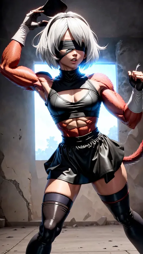 <lora:2B - NieR Automata The End of YoRHa Edition:0.7> 2B Nier Automata, YoRHa No.2 Type B, Type E, 1girl, (black blindfold, white hair, bob cut, :1.15), BREAK, <lora:ssj4-10:0.65> (ssj4, body fur, monkey tail, red fur, tail:1.25), abs, long hair, muscular, BREAK, <lora:DBKiCharge:0.4> Ki Charge, aura, fighting stance, masterpiece, best quality, extremely detailed, highly quality, 4k, sharp focus, professional, sharp focus, award winning, cinematic lighting, octane render, unreal engine, volumetrics dtx, Wallpaper,