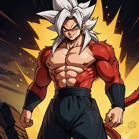 Best_QualityPos, RAW photo, intricate details, best quality, 8k uhd, soft lighting, 1boy, solo, red eyes, white hair, spiked hair, single earring, ssj4, abs, body fur, jewelry, long hair, monkey tail, muscular, pectorals, red fur, super saiyan, tail <lora:ssj4:0.5> <lora:Goku_Black:0.4>