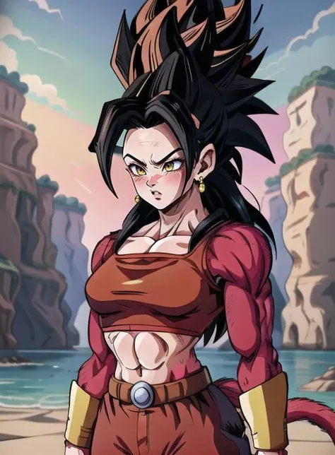 best quality, (masterpiece),(ultra-detailed), (high quality), (high resolution), <lora:ssj4:0.7>,abs, blush, body fur, jewelry, long hair, monkey tail, muscular, pectorals, (red fur:1.5), solo, spiked hair, ssj4, super saiyan, tail, baggy pants, <lora:kale-nvwls-v1:0.7> ,ponytail, black hair, 1girl, yellow eyes, crop top, belt, <lora:add_detail:0.5>,outdoors,