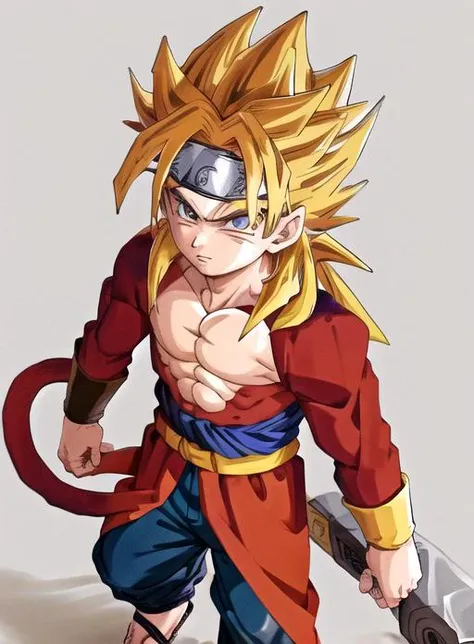 best quality, (masterpiece),(ultra-detailed), (high quality), (high resolution), ssj4, abs, body fur, jewelry, long hair, monkey tail, muscular, pectorals, red fur, solo, spiked hair, super saiyan, tail,<lora:ssj4:0.7>, uzumaki naruto, <lora:Naruto:0.4>,1boy, closed mouth, forehead protector, holding, konohagakure symbol, looking at viewer, male child, sandals, simple background, solo, uzumaki naruto, weapon, white background,blonde hair,