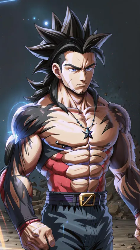 <lora:ssj4:0.75> (ssj4, abs, body fur:1.15), jewelry, long hair, (monkey tail:1.15), muscular, pectorals, r(ed fur:1.15), spiked hair, tail, <lora:hairdetailer:0.3> <lora:add_detail:0.3> <lora:FluffyStyle:0.6> FluffyStyle, <lora:GoodHands-vanilla:0.8> BREAK, <lora:ultrainstinct_v3_offset:0.6> ultrainstinct, aura, <lora:ffxv_amicitia:0.7> gladiolus amicitia, muscular male, pectorals, arm tattoo, hair slicked back, scar across eye, jacket, black pants, necklace, masterpiece, best quality, extremely detailed, highly quality, 4k, sharp focus, professional, sharp focus, award winning, cinematic lighting, octane render, unreal engine, volumetrics dtx, Wallpaper,