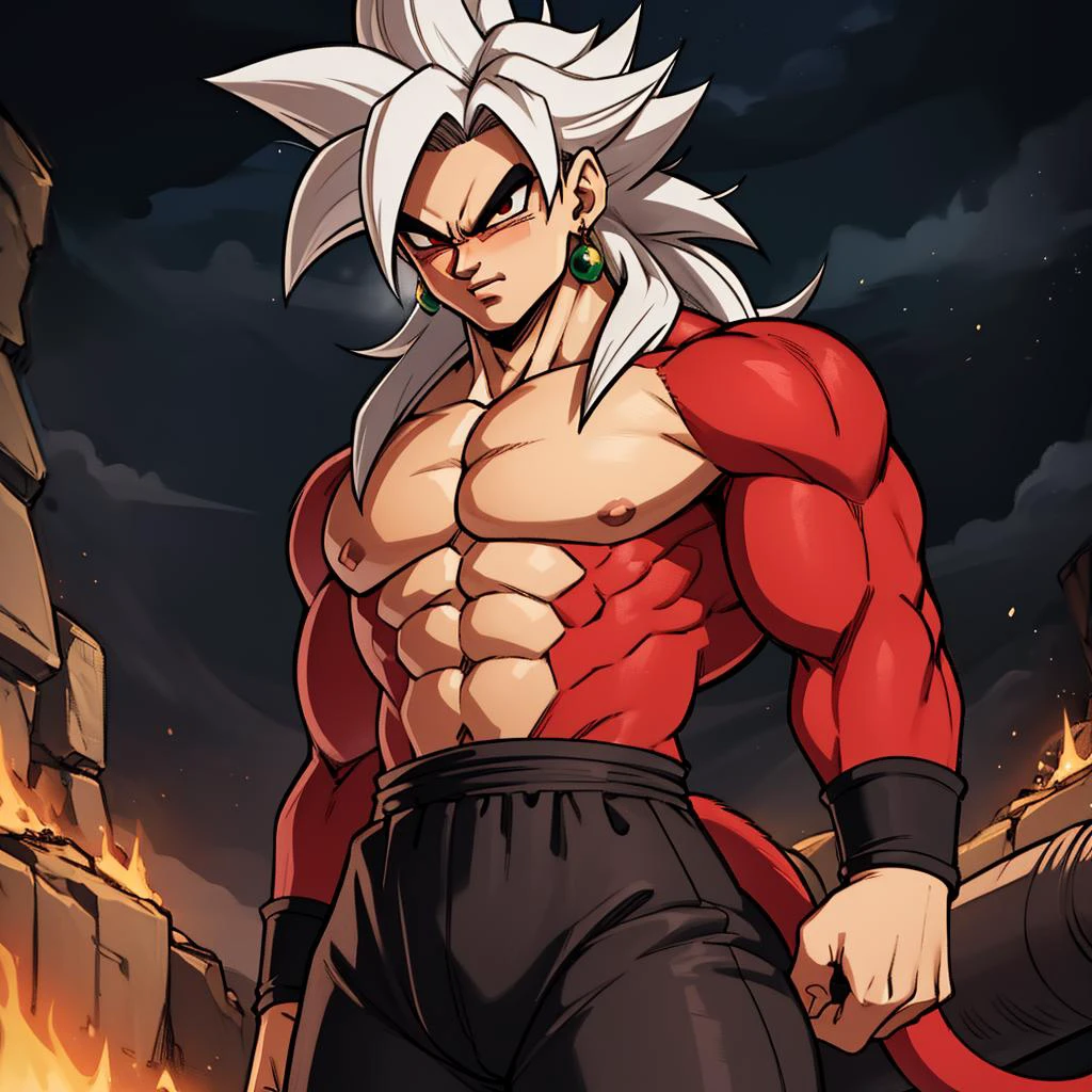 Best_QualityPos, RAW photo, intricate details, best quality, 8k uhd, soft lighting, 1boy, solo, red eyes, white hair, spiked hair, single earring, ssj4, abs, body fur, jewelry, long hair, monkey tail, muscular, pectorals, red fur, super saiyan, tail <lora:ssj4:0.5> <lora:Goku_Black:0.3>