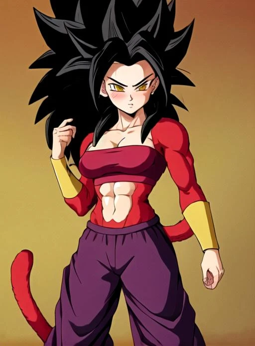 best quality, (masterpiece:1.5),(ultra-detailed), (high quality:1.3), (high resolution), ssj4, abs,  blush, body fur, jewelry, long hair, monkey tail, muscular,  pectorals, red fur,  solo, spiked hair,  tail,  <lora:ssj4:0.6>, Caulifla_DB,  baggy pants,<lora:Caulifla_DB_Anime:0.5>,  yellow eyes, 1girl, breasts, black hair,