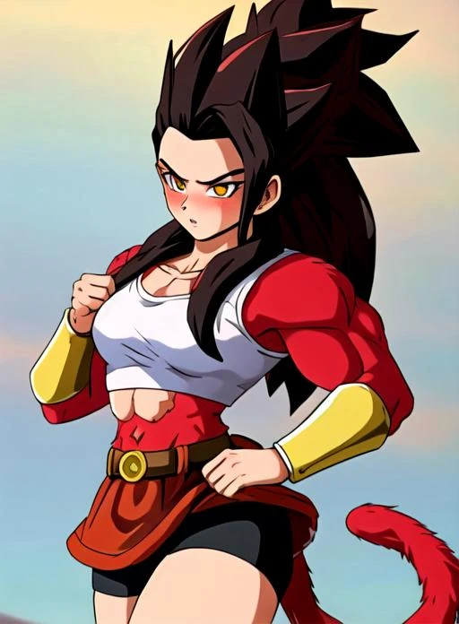 best quality, (masterpiece),(ultra-detailed), (high quality), (high resolution), ssj4, abs,  blush, (body fur:1.8), jewelry, long hair, monkey tail, muscular,  pectorals, (red fur:1.3),  solo, spiked hair,  tail,  <lora:ssj4:0.71>,,  yellow eyes, 1girl, breasts, black hair,  defKale,  <lora:kale-nvwls-v1:0.3>,defKale, ponytail, red crop top, bracer, red skirt, shorts under skirt