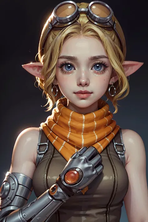 masterpiece, best quality, ultra high res, 1girl, cute, solo, ((puffy eyes)), looking at viewer, upper body, facing front, detailed face, detailed eyes,  <lora:****ta-Steel_Elf-08:0.8>, ****ta_se,  mechanical arm, ( short hair:1.5), blonde, blue eyes, smiling, pointy ears, earings, aviator sunglasses, scarf,