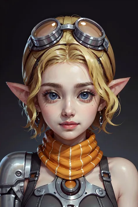 masterpiece, best quality, ultra high res, 1girl, cute, ((puffy eyes)), looking at viewer, middle body, facing front, detailed face, detailed eyes,  <lora:****ta-Steel_Elf-08:0.8>, ****ta_se,  (mechanical arm:1.5), ( short hair:1.5), blonde, blue eyes, smiling, pointy ears, earings, aviator sunglasses, old aviator beret, scarf,