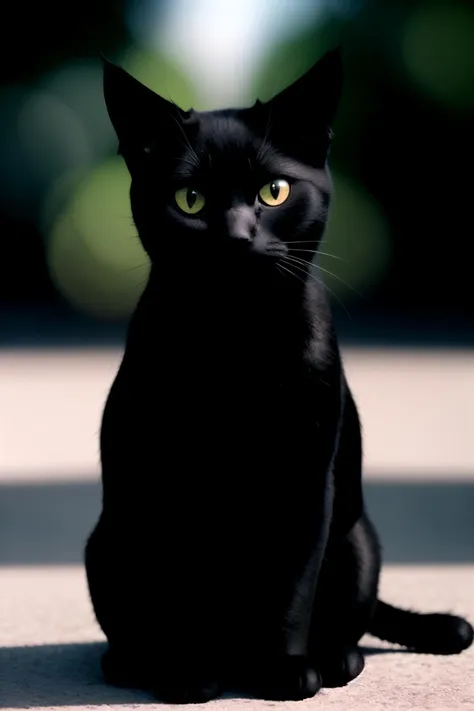 centered, photography of black cat sitting, black background, (hyperealistic), simple background, | depth of field, bokeh, | smooth detailed shadows, hyperealistic shadows, (saturated colors:1.2) |