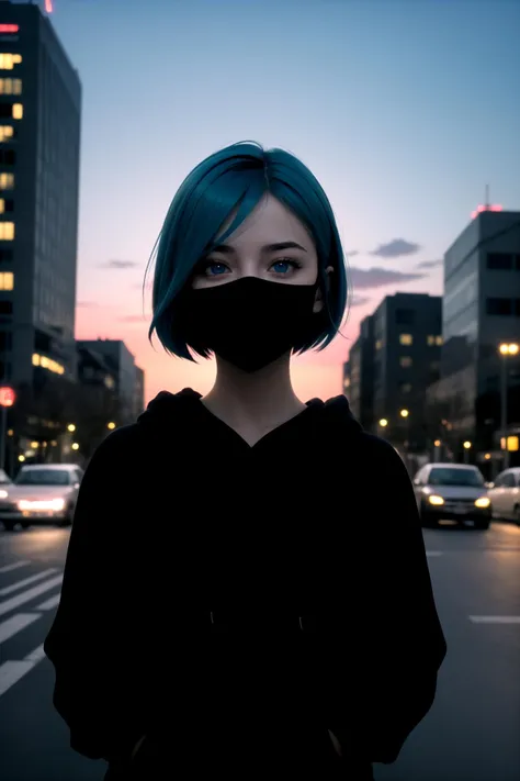 centered, masterpiece, face portrait, (frontal view, looking at front, facing viewer:1.2), | 1girl, solo, aqua hair color, short hairstyle, light blue eyes, | (black mouth mask:1.2), dark blue hoodie, | city lights, sunset, buildings, urban scenery, | bokeh, depth of field,