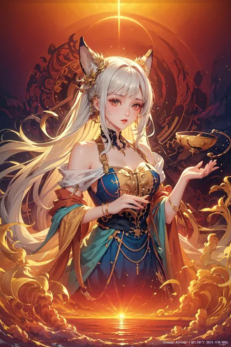 (masterpiece, top quality, best quality, official art, beautiful and aesthetic:1.2), (1girl), extreme detailed,(colorful:1.3),highest detailed, sunset, sea, white hair, (fractal art:1.3)
