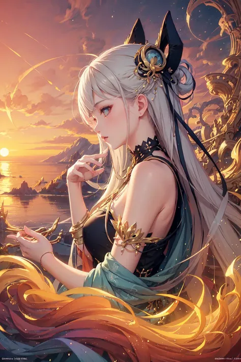 (masterpiece, top quality, best quality, official art, beautiful and aesthetic:1.2), (1girl), extreme detailed,(colorful:1.3),highest detailed, sunset, sea, white hair, (fractal art:1.3)