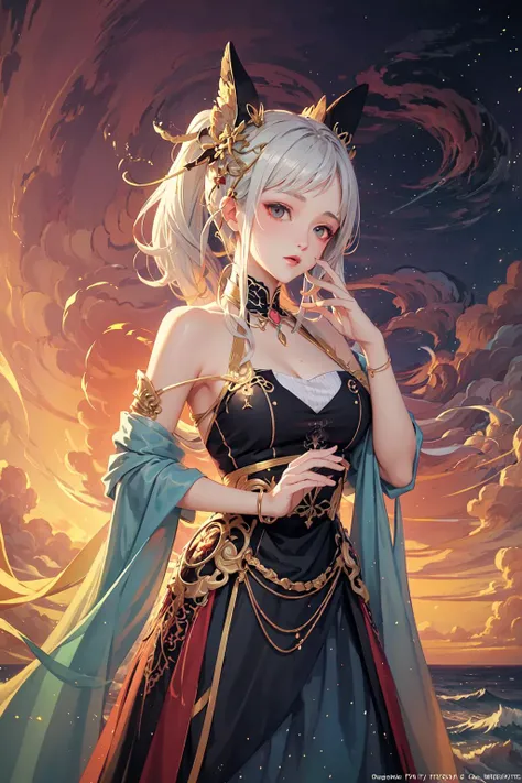 (masterpiece, top quality, best quality, official art, beautiful and aesthetic:1.2), (1girl), extreme detailed,(colorful:1.3),highest detailed, sunset, sea, white hair, (fractal art:1.3)