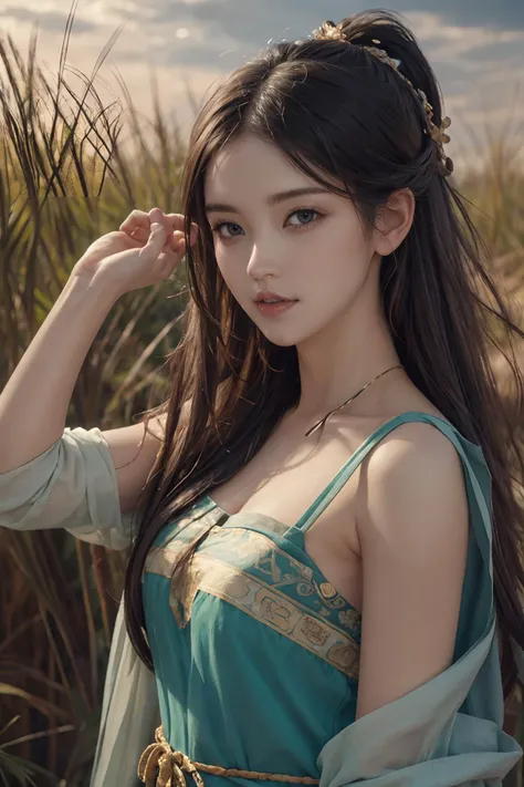 (4k, best quality, highres, absurdres, masterpiece:1.21), (photograph, realistic, photorealistic:1.331), detailed and intricate,
nature lighting, panorama, drop shadow, very wide shot,
1girl, (adjusting hair:1.3),
clear face, shy, eye makeup, eyeshadow, long hair, brown hair, (authentic skin texture:1.3),
narrow waist, medium breasts, upper body,
dunhuang_dress, dunhuang_style,
reeds, wilderness,
<lora:keji:0.6>,
<lora:add_detail:0.4>,