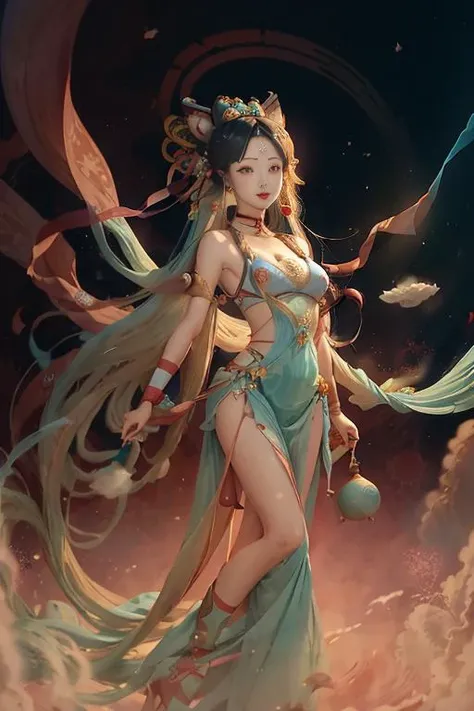 masterpiece, best quality, 8k, insane details, intricate details, hyperdetailed, hyper quality, high detail, ultra detailed, Masterpiece, (shiny skin:1.6)(gigantic breasts:1.15), exposed collarbone, exposed shouldersexposed abdomen(headwear:1.5)
1girl, solo, Full body photos, majestic palace background, red flames and black swirls, a beautiful girl dancing in the center of the palace, dressed in Song Dynasty dress, traditional Chinese costume jewelry, acrylic oil paintings, elaborate costumes, barefoot, Oriental girl, realistic, Rococo, dof, Photo grade
