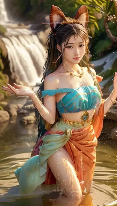 delicate, masterpiece, highres, colourful, intricate details, absurdres,  (photorealistic:1.4), 
1girl, animal ears, small_mouth, smile, solo, look at viewer, detailed beautiful face, detailed hair, flowing hair, beautiful eyes, meticulous skin, 
 (waist down in the water:1.4),  water drop, shiny splash, ripples, (waterfall:1.4), lake, spirit, ray_tracing, reflection_light, dunhuang_dress, <lora:dunhuang_v20:0.9>