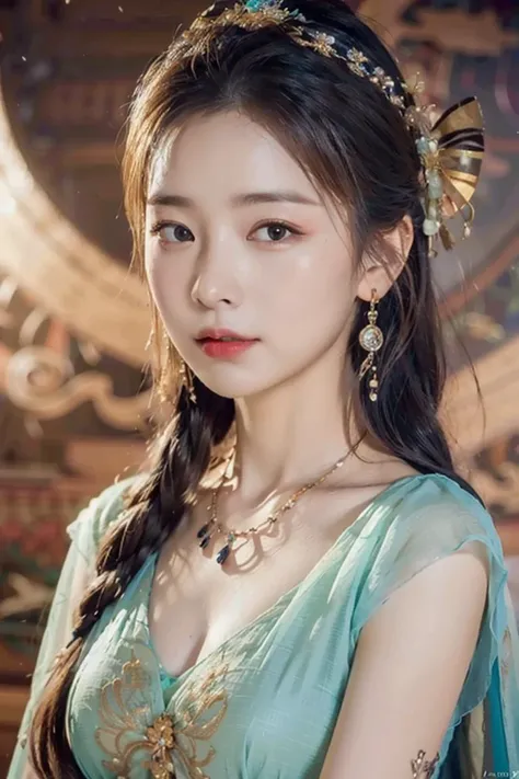 (8k, RAW photo, best quality, masterpiece:1.2), (realistic, photo-realistic:1.4), (extremely detailed CG unity 8k wallpaper), 1 girl solo, beautiful face, dunhuang_dress, dunhuang_background, <lora:koreanDollLikeness_v10:0.4>, <lora:lora-hanfugirl-v1-5:0.5>