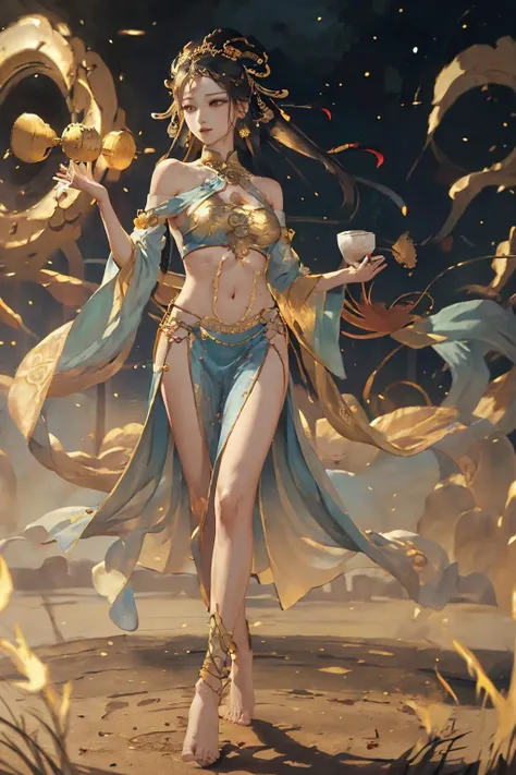 8K raw photo, Best quality, masterpiece, ultra high res, (zentangle, mandala, tangle, entangle),colorful,(photorealistic:1.4), raw photo, 1girl, offshoulder, outdoors,tall female, skinny, slim_legs, solo,(perfect body shape),holy light,gold foil,gold leaf art,glitter drawing,fly high in the sky ,(full body),long hair, (see-through:1.3), ((revealing clothes)), ((barefoot)), medium breasts, earrings, ((dress)), no bra, ((bare shoulders)), very long hair, no panties, black hair, ((detached sleeves)), ((side slit)), bare, <lora:dunhuang_v20:0.6>,dunhuang_cloths,dunhuang_dress,traditional chinese hair style,Traditional Chinese hair ornament,cinema,Fei Tian Ji ,Propitious Clouds,chang'e, paradox,pure,soft smile,illustration,barefoot,(pelvic curtain),playful patterns, lively texture, <lora:PerfectNwsjMajic_4:0.7>