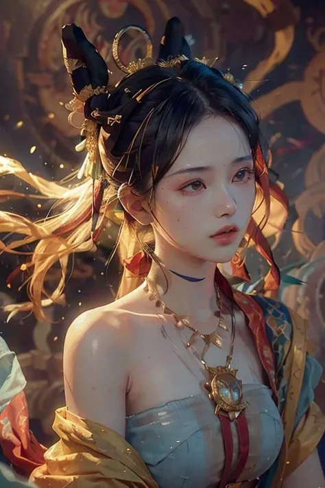(RAW photo, best quality), (realistic, photo-realistic:1.3),best quality,highly detailed,masterpiece,ultra-detailed,illustration,1girl,upper_body,dynamic angle,world masterpiece theater,messy_long_hair,best quality,extremely detailed CG unity 8k wallpaper,ink,Amazing,cinematic lighting,lens_flare,,dunhuang_style <lora:dunhuang_v20:1>