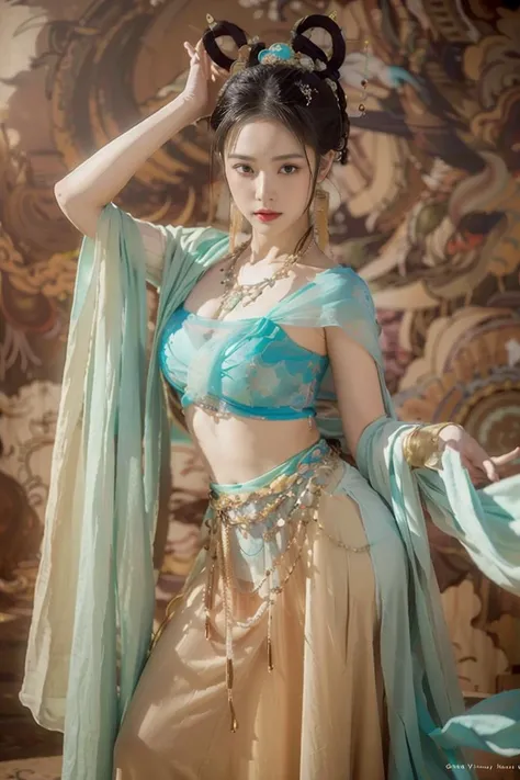 (8k, RAW photo, best quality, masterpiece:1.2), (realistic, photo-realistic:1.4), (extremely detailed CG unity 8k wallpaper), 1 girl solo, dance, dunhuang_dress, dunhuang_style, dunhuang_background, <lora:keji:0.5>