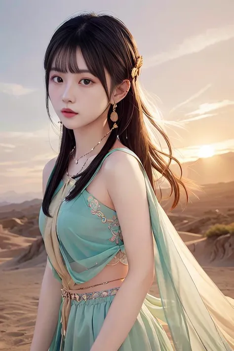 best quality, ultra-detailed, masterpiece, finely detail, highres, 8k wallpaper, Realistic details, clothing details, skin details, photoshop \(medium\),Slim body,1girl, 22 years old, beautiful eyes, real skin, fine face, bangs, medium hair, black hair, blunt bangs, medium breasts, Distant mountain, sky, <lora:chinaDollLikeness_v10:0.4>, <lora:JapaneseDollLikeness_v15:0.3>,(ulzzang-6500-v1.1:0.5), <lora:keji:0.65>,dunhuang_cloths,dunhuang_style,dunhuang_background,dunhuang_dress,dunhuang_fan,