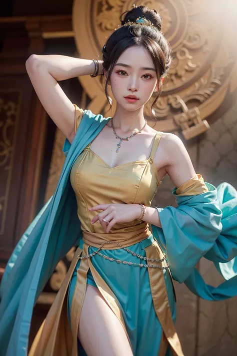 (8k, RAW photo, best quality, masterpiece:1.2), (realistic, photo-realistic:1.4), (extremely detailed CG unity 8k wallpaper), 1girl solo, dance, dunhuang_dress, dunhuang_style, dunhuang_background, <lora:keji:0.5>