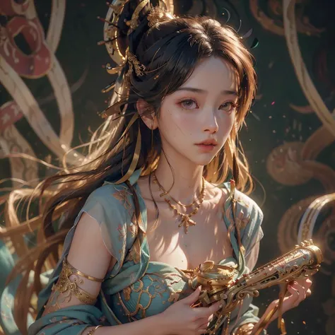 nsfw,(RAW photo, best quality),(realistic, photo-realistic:1.3),best quality,highly detailed,masterpiece,ultra-detailed,illustration,1girl,upper_body,dynamic angle,world masterpiece theater,messy_long_hair,best quality,extremely detailed CG unity 8k wallpaper,ink,Amazing,cinematic lighting,lens_flare,<lora:dunhuang_v20:0.9>,dunhuang_style,