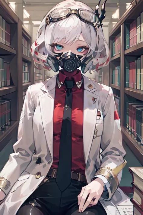 masterpiece, best quality, ultra-detailed, 1girl, sephie_\(shadowverse\), gas mask, red shirt, black necktie, labcoat, upper body, (library background:1.2), sitting, looking at viewer, <lora:shadowverse_sephie:0.6>