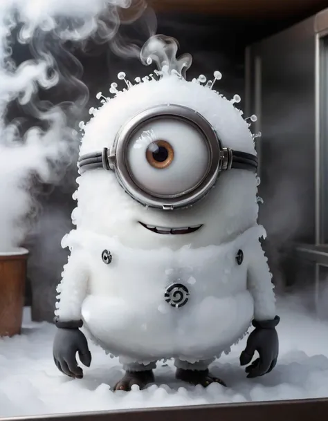 A (one-eyed minion:1.2) made of fog, in the freezer, frozen, covered with frost, feels cold,
(all covered with white snow frost and white steam:1.1), snow-white body, white eyelids, eyes are slightly closed, blissful smile, in the background is a laboratory with flasks, frozen glasses,
<lora:fog_creatures_v4:0.5> mdfg, creature, fog, smoke, <lora:anime_fog_creatures:0.2>