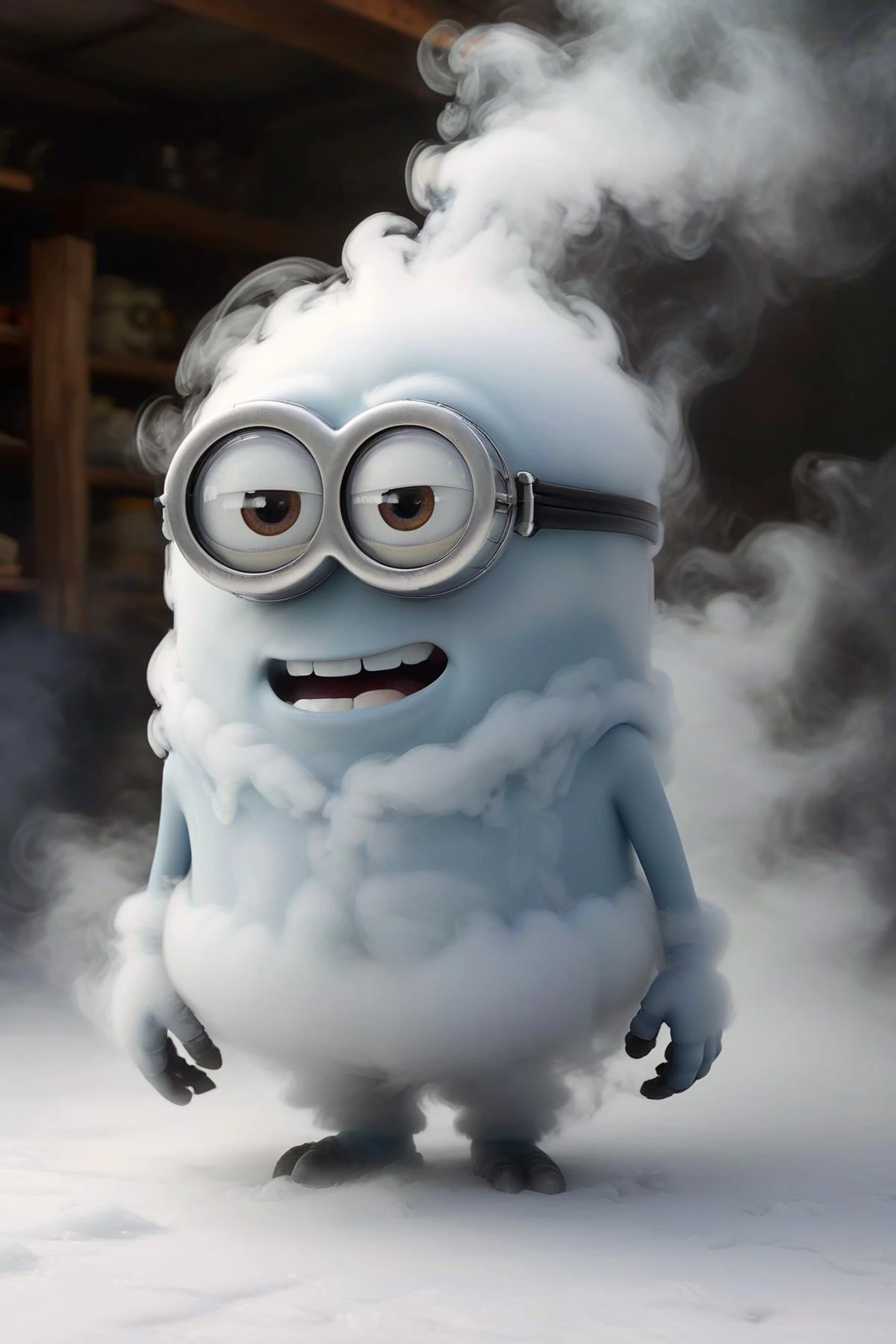 Minion made of fog, in freezer, freeze, feel cold,
<lora:fog_creatures_v4:1.0> msfg, fog, smoke,