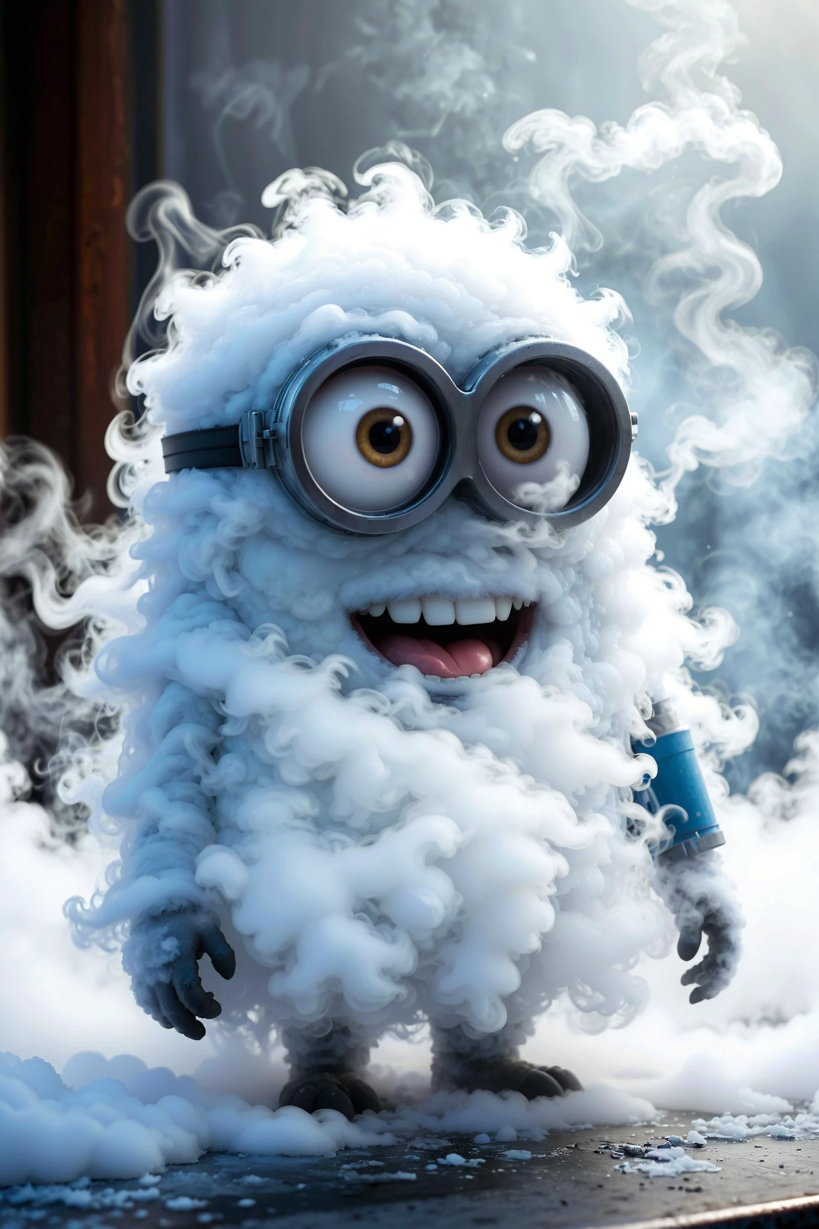 A minion made of fog, in the freezer, frozen, covered with frost, feels cold,
(all covered with white snow frost and white steam:1.1), snow-white body, white eyelids, blissful smile, in the background is a laboratory with flasks, frozen glasses,
<lora:anime_fog_creatures:0.7> <lora:fog_creatures_v4:0.6> mdfg, creature, fog, smoke,