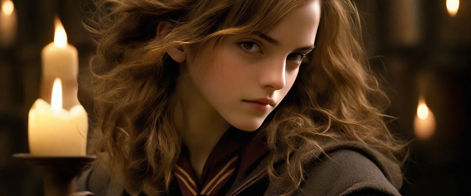 A beautiful portrait of Emma Watson taken by Richard Avedon,
In the ancient and mystical Hogwarts library, Emma Watson, portraying Hermione Granger, (solo), is deeply engrossed in her magical studies. Surrounded by towering shelves filled with old, leather-bound magical tomes, she sits at a weathered wooden table lit by flickering candlelight. The soft glow casts dancing shadows across her face, highlighting her focused expression and the intensity of her intellectual pursuit. Hermione's uniform is neatly arranged, symbolizing her meticulous nature and dedication to her studies. The library exudes an aura of enchantment, with its stone walls covered in historical tapestries and artifacts, each telling a story of the wizarding world's rich heritage. Hermione's presence, poised and graceful, adds a vibrant yet serene energy to the library's ancient atmosphere. Her eyes, reflecting the candlelight, reveal a depth of curiosity and determination, embodying the essence of her character's intelligence and strength,
Emma Watson, Hermione Granger, character intelligence, strength, Natural charm, deep story-like eyes, Effulgent, Radiant, looking to the side, detailed natural face, Hogwarts library, magical studies, ancient books, leather-bound tomes, weathered wooden table, flickering candlelight, focused expression, intellectual pursuit, Hogwarts uniform, meticulous nature, enchantment aura, stone walls, historical tapestries, (wizarding artifacts:1.2), vibrant energy, serene atmosphere, curiosity, determination,   [(details:1.2): [ (many small details:1.3) : [ (many ultrasmall details: 1.2):(very detailed ultrasmall edges and microrelief:1.5):0.7 ]: 0.4 ] :0.2],
Holding onto gifts or keepsakes, like a ring or bracelet, given by her partner,
dynamic angle, (close up:4), Jib Shot, artistic atmosphere, LUT-adjusted vintage cinematic colors and textures, highlighted features, cinematic mood, film grain, lifelike, 
 emmawats0n, <lora:emmawats0n:0.9>,
(best quality, masterpiece), highres, raw photo, (photorealistic, ultra photoreal,:1.5), ultra high res, professional, absurdres, ultra detailed, extremely detailed, intricately detailed, HDR, UHD, 64K,