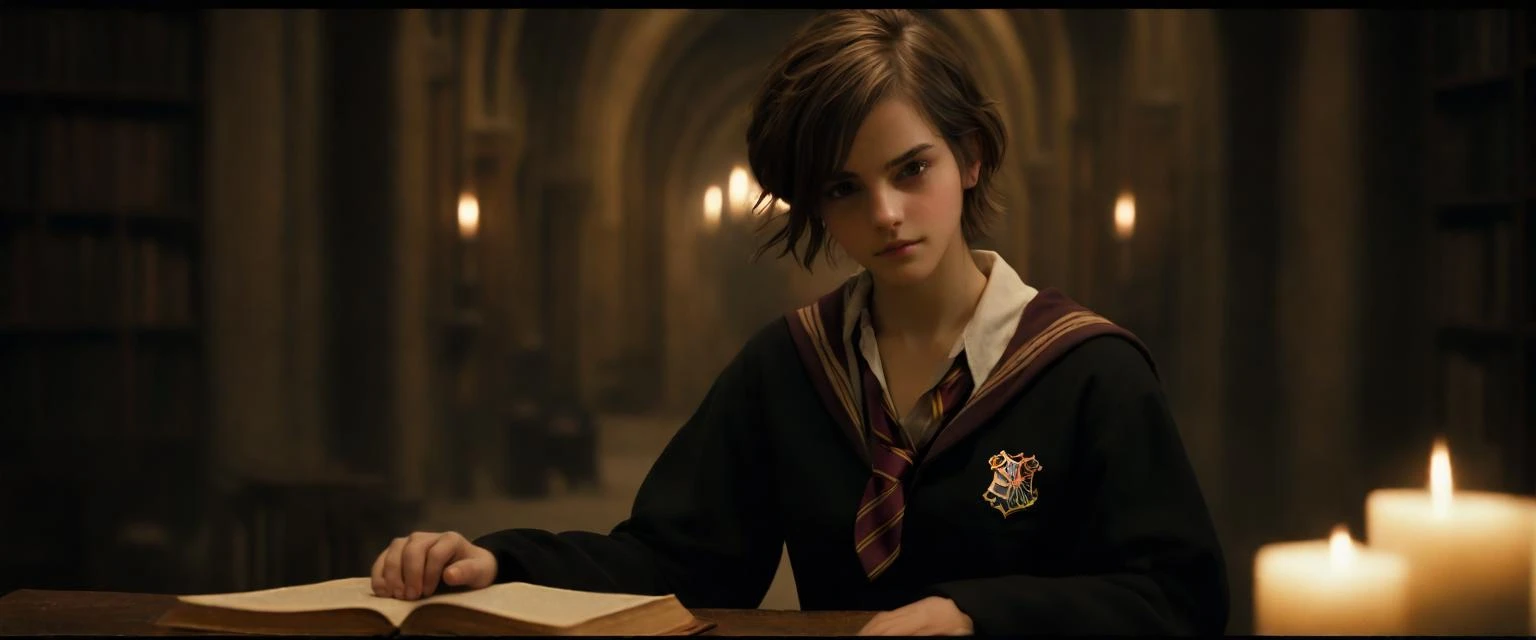 A beautiful portrait of Emma Watson taken by Cindy Sherman,
In the ancient and mystical Hogwarts library, Emma Watson, portraying Hermione Granger, (solo), is deeply engrossed in her magical studies. Surrounded by towering shelves filled with old, leather-bound magical tomes, she sits at a weathered wooden table lit by flickering candlelight. The soft glow casts dancing shadows across her face, highlighting her focused expression and the intensity of her intellectual pursuit. Hermione's uniform is neatly arranged, symbolizing her meticulous nature and dedication to her studies. The library exudes an aura of enchantment, with its stone walls covered in historical tapestries and artifacts, each telling a story of the wizarding world's rich heritage. Hermione's presence, poised and graceful, adds a vibrant yet serene energy to the library's ancient atmosphere. Her eyes, reflecting the candlelight, reveal a depth of curiosity and determination, embodying the essence of her character's intelligence and strength,
Emma Watson, Hermione Granger, character intelligence, strength, Natural charm, deep story-like eyes, Stunning, Beaming, looking through legs, detailed natural face, Hogwarts library, magical studies, ancient books, leather-bound tomes, weathered wooden table, flickering candlelight, focused expression, intellectual pursuit, Hogwarts uniform, meticulous nature, enchantment aura, stone walls, historical tapestries, (wizarding artifacts:1.2), vibrant energy, serene atmosphere, curiosity, determination,   [(details:1.2): [ (many small details:1.3) : [ (many ultrasmall details: 1.2):(very detailed ultrasmall edges and microrelief:1.5):0.7 ]: 0.4 ] :0.2],
Model on her side, hand propping up her head, the other arm draped along her body,
dynamic angle, (close up:4), Zoom Shot, artistic atmosphere, LUT-adjusted vintage cinematic colors and textures, highlighted features, cinematic mood, film grain, lifelike, 
 emmawats0n, <lora:emmawats0n:0.9>,
(best quality, masterpiece), highres, raw photo, (photorealistic, ultra photoreal,:1.5), ultra high res, professional, absurdres, ultra detailed, extremely detailed, intricately detailed, HDR, UHD, 64K,