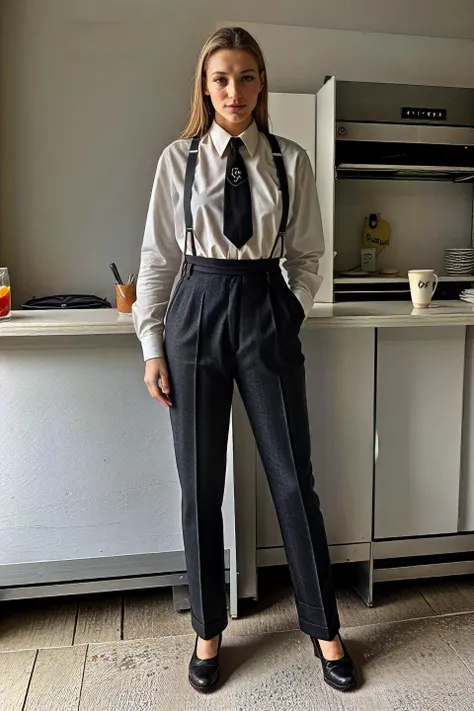 (full body shot:1.5) photograph of embedding:GND\Girls-Next-Door_Michelle is beautiful woman with platinum blonde hair wearing r3tr0m3ns, (white shirt, collared shirt, dark pants, suspenders, necktie:1.1), office table, office chair, office, shelves, filing cabinets, computers, lcd monitors,  16K, Accurate, Anatomically Correct, Award Winning, Best Quality, Highres, Masterpiece, Super Detail, Textured Skin, Hyperrealism Style, Photography Style, Photorealism Style, HyperMaximalist Style   <lora:Fashion\r3tr0m3ns:1.0>