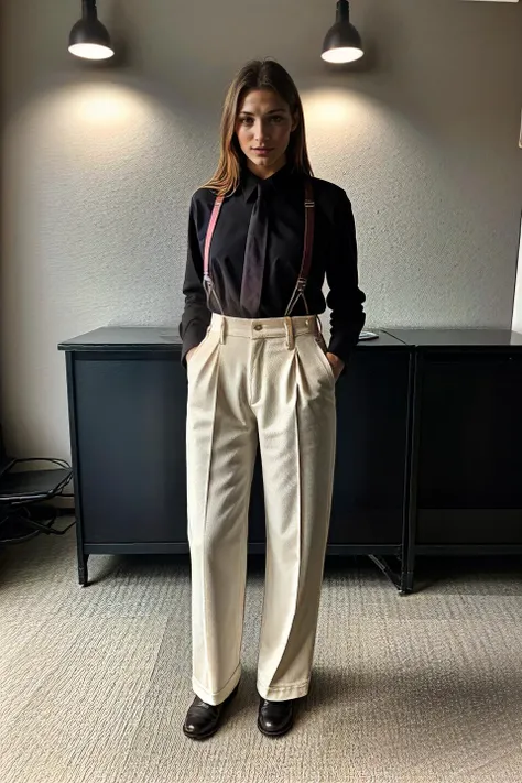 (full body shot:1.5) photograph of embedding:GND\Girls-Next-Door_Michelle is beautiful girl with platinum blonde hair, big breasts, wearing r3tr0m3ns, (white shirt, collared shirt, (dark pants), suspenders, necktie:1.1), office table, office chair, modern office, shelves, filing cabinets, computers, lcd monitors, white board, charts, meeting room,  16K, Accurate, Anatomically Correct, Award Winning, Best Quality, Highres, Masterpiece, Super Detail, Textured Skin, Hyperrealism Style, Photography Style, Photorealism Style, HyperMaximalist Style   <lora:Fashion\r3tr0m3ns:1.0>