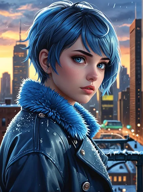 a icy eyes and short blue hair!!! in a city skyline on background in the style of matte digital painting, very nerdy, <lora:sdxl_lightning_8step_lora.safetensors:0.9>