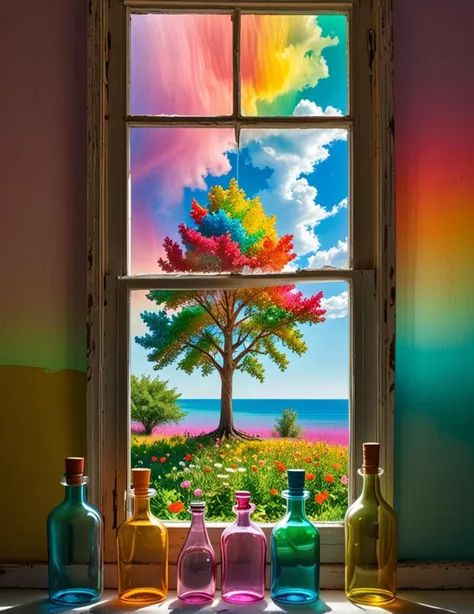 a window with a tree, a colorized photo by gabriel dawe, shutterstock contest winner, psychedelic art, colorful bottles and plants, intricate rainbow environment, colorful glass art, <lora:sdxl_lightning_8step_lora.safetensors:0.9>