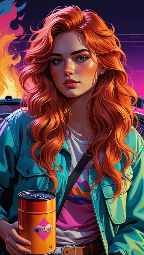 a long wavy auburn hair and daily carry in a barrel fires and tents in the style of retrowave colour scheme, maniac look, <lora:sdxl_lightning_8step_lora.safetensors:0.6>