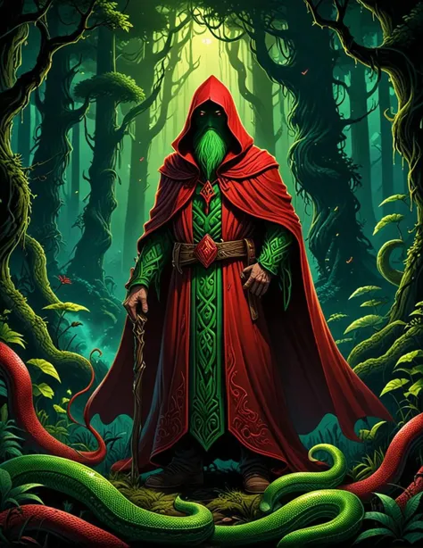 a cartoon style illustration of a red cloaked wizard standing in a dark forest, ( ( ( ( ( dan mumford ) ) ) ) ), in the style dan mumford artwork, exquisite creature poster art, green snakes background, ori and the blind forest, by dan mumford, dan mumford. concept art, fractal thunder dan mumford, in the art style of dan mumford, <lora:sdxl_lightning_8step_lora.safetensors:0.9>